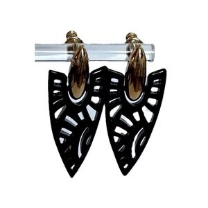 Vintage Trifari Black Enamel Gold Tone Pierced Dangle Earrings